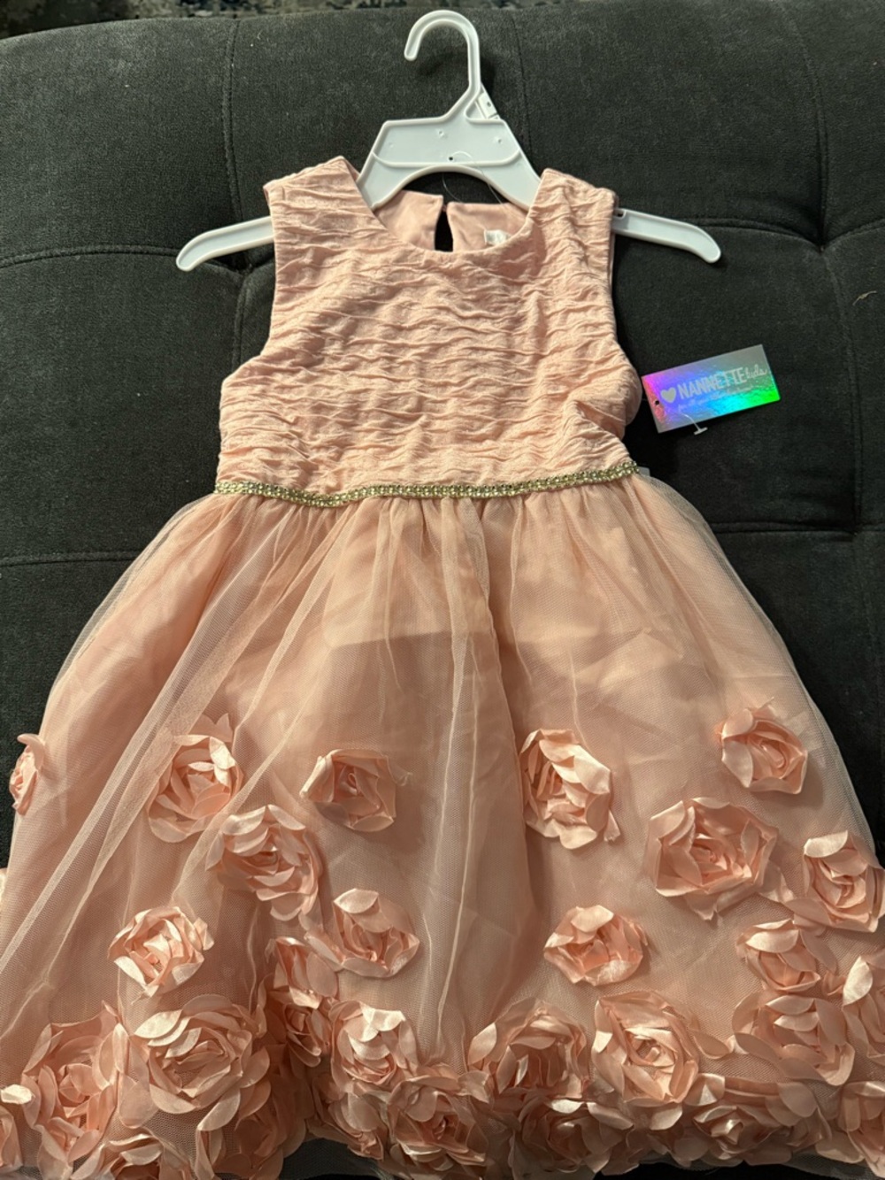 Nannette Girls' Rose Pink Tulle Floral Appliqué Party Dress